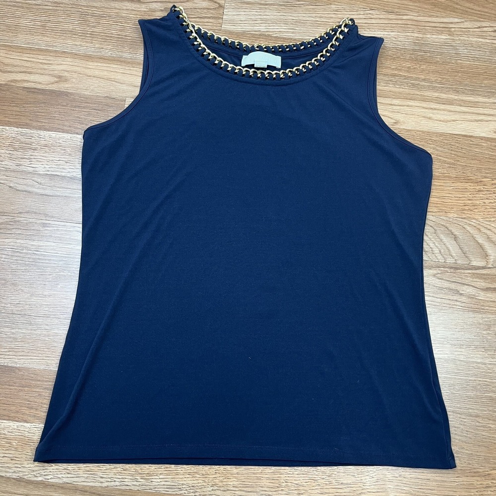 Michael Kors Navy Blue Chain Collar Sleeveless Shirt Tank Blouse Size Large